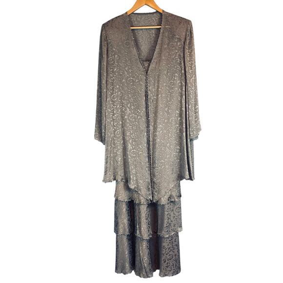 Cameron Blake by Mon Cheri Silk Tiered Midi Dress Jacket Beaded Silver Size 18 - Picture 1 of 6
